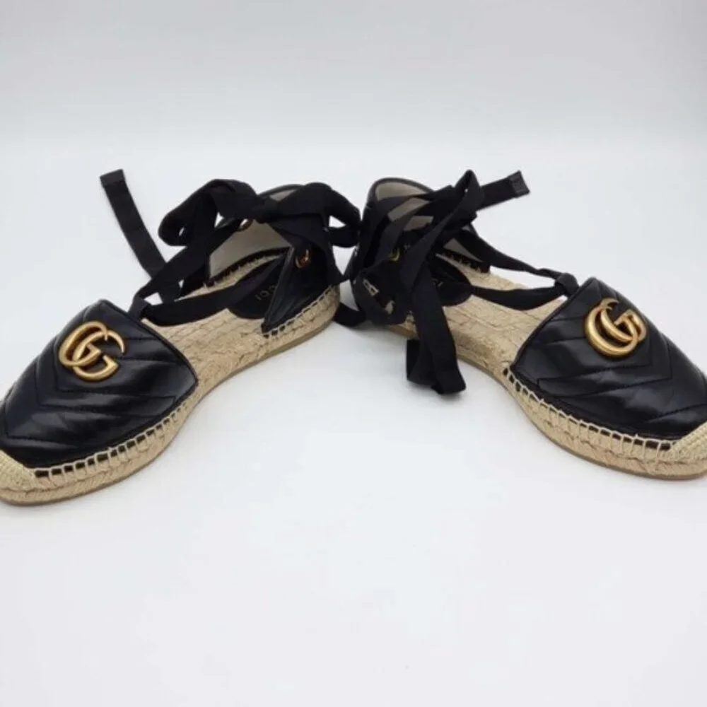 Authentic Gucci GG Marmont Espadrille Sandals Black Leather Gold Logo Brand New